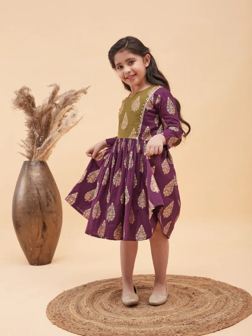 Girls Mehendi Green And Purple Ethnic Dress