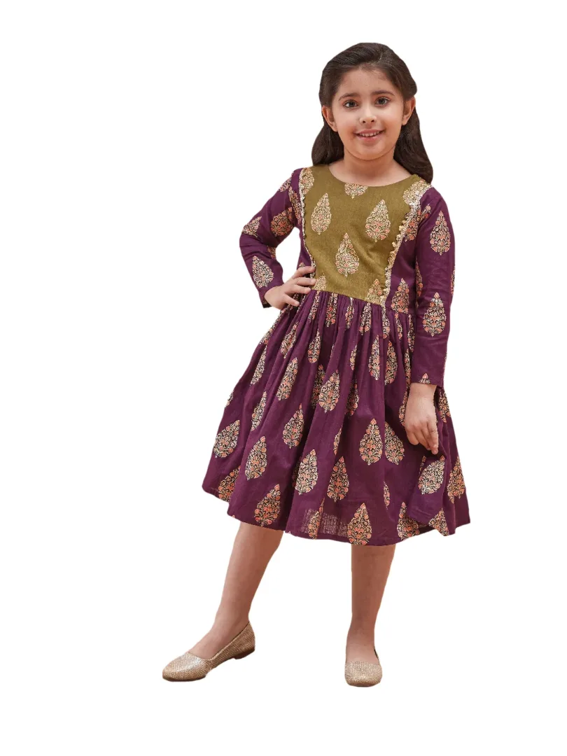 Girls Mehendi Green And Purple Ethnic Dress