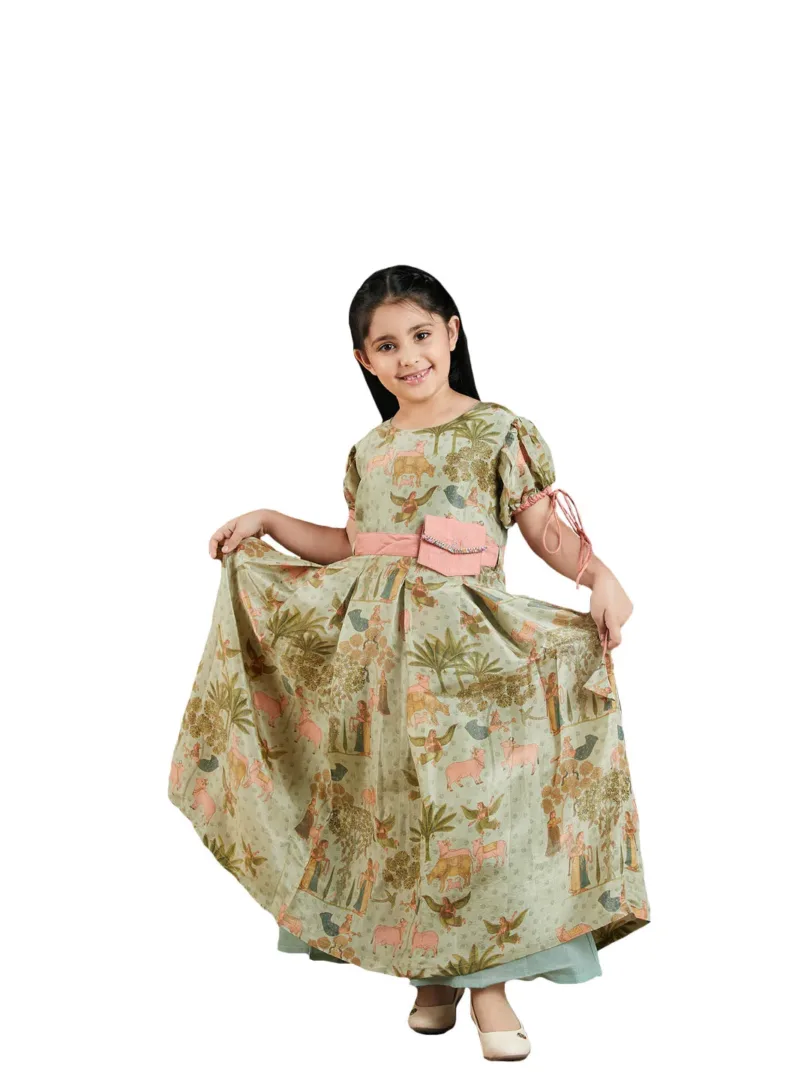 Girls' Multi Color Green Base Ethnic Dress