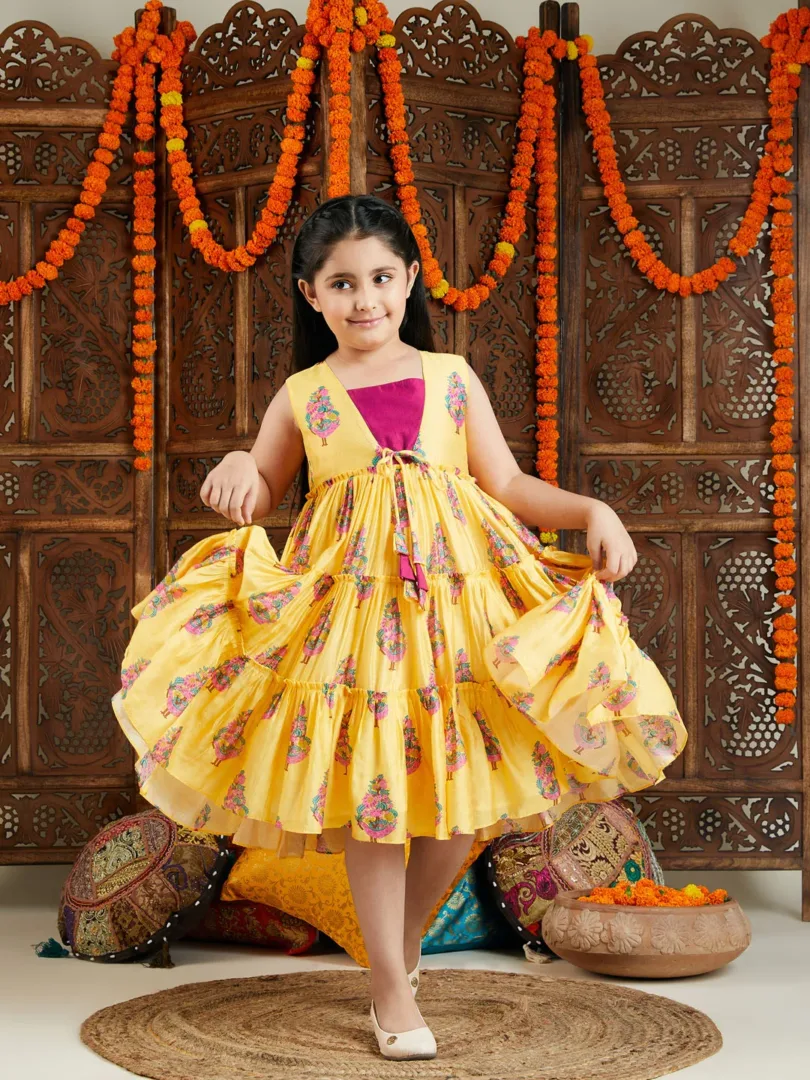Girls' Yellow And Pink Ethnic Dress