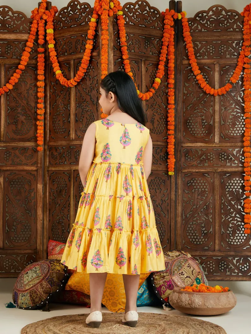 Girls' Yellow And Pink Ethnic Dress