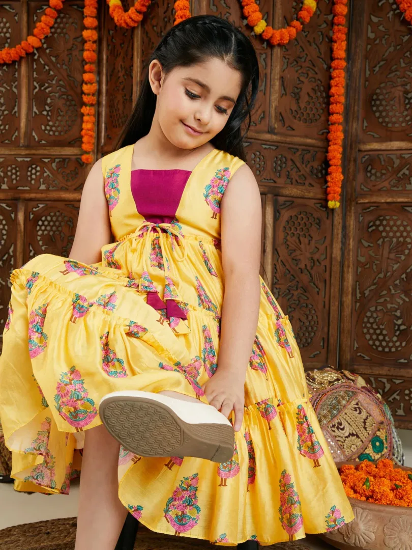 Girls Yellow And Pink Ethnic Dress