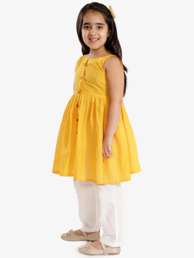 Boys' Yellow and White Pure Cotton Kurta Pyjama Set & Girls' Handloom Cotton Kurta And Straight Pant Set