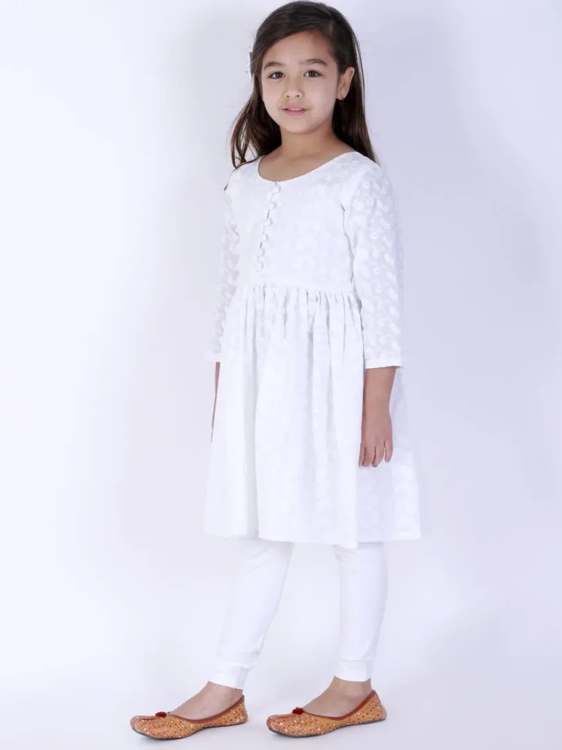 Girls Chikankari Cotton Kurta And Leggings Set