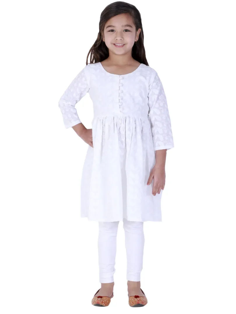 Girls Chikankari Cotton Kurta And Leggings Set