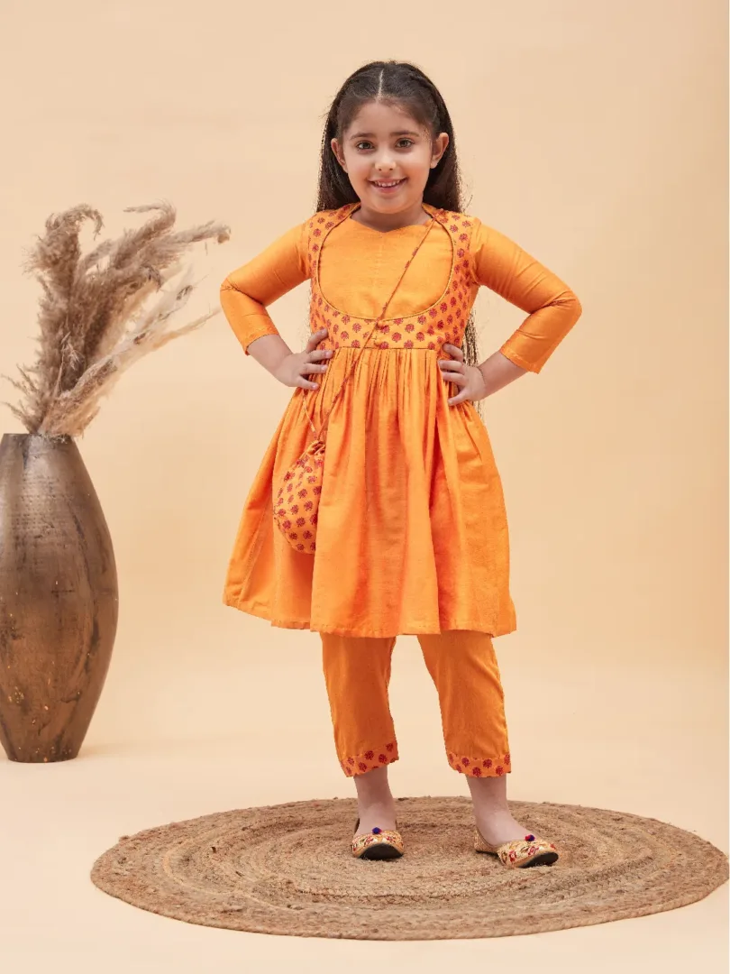 Girls Orange Kurta And Pant Set