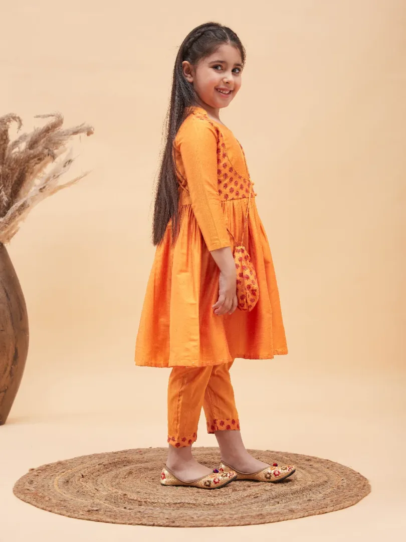 Girls Orange Kurta And Pant Set