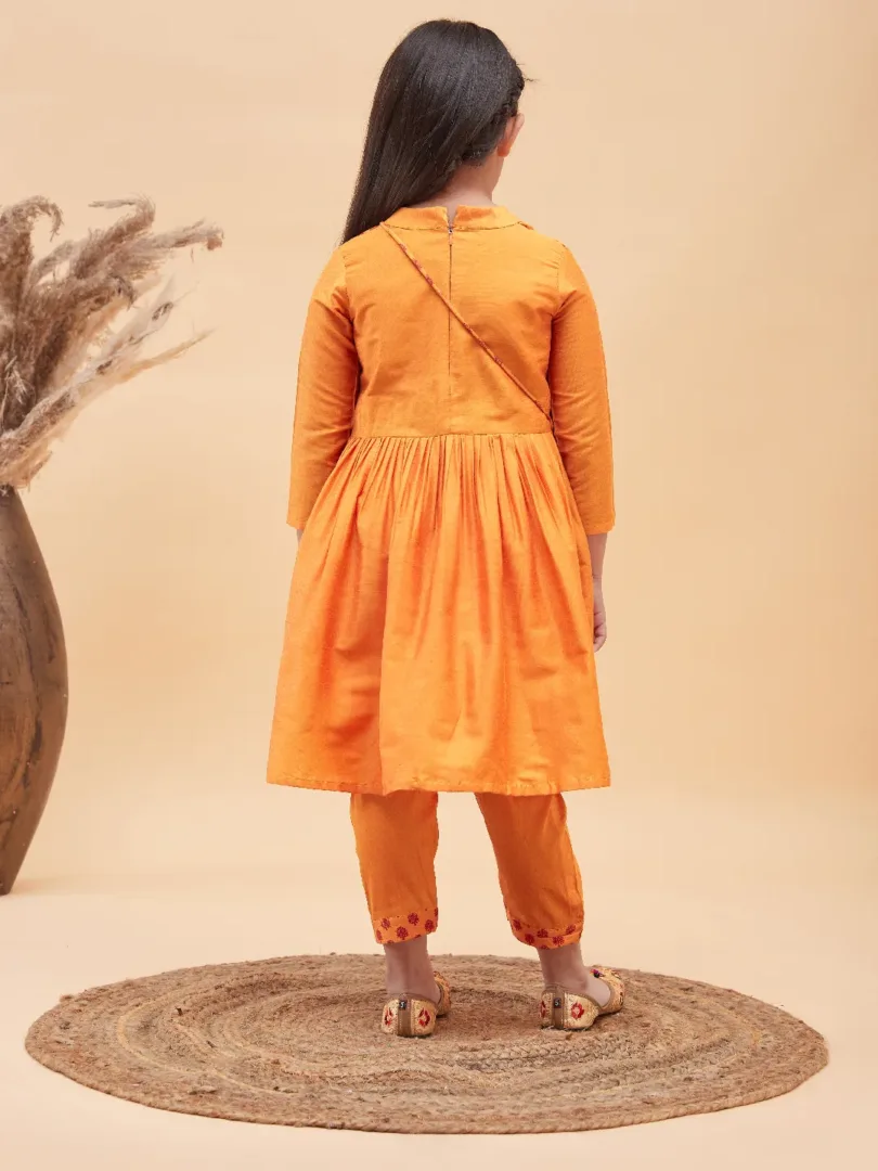 Girls Orange Kurta And Pant Set