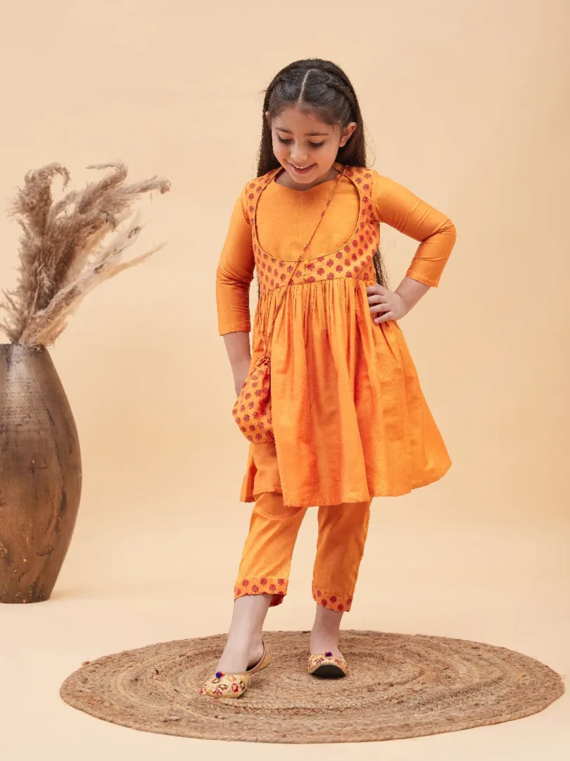 Girls Orange Kurta And Pant Set