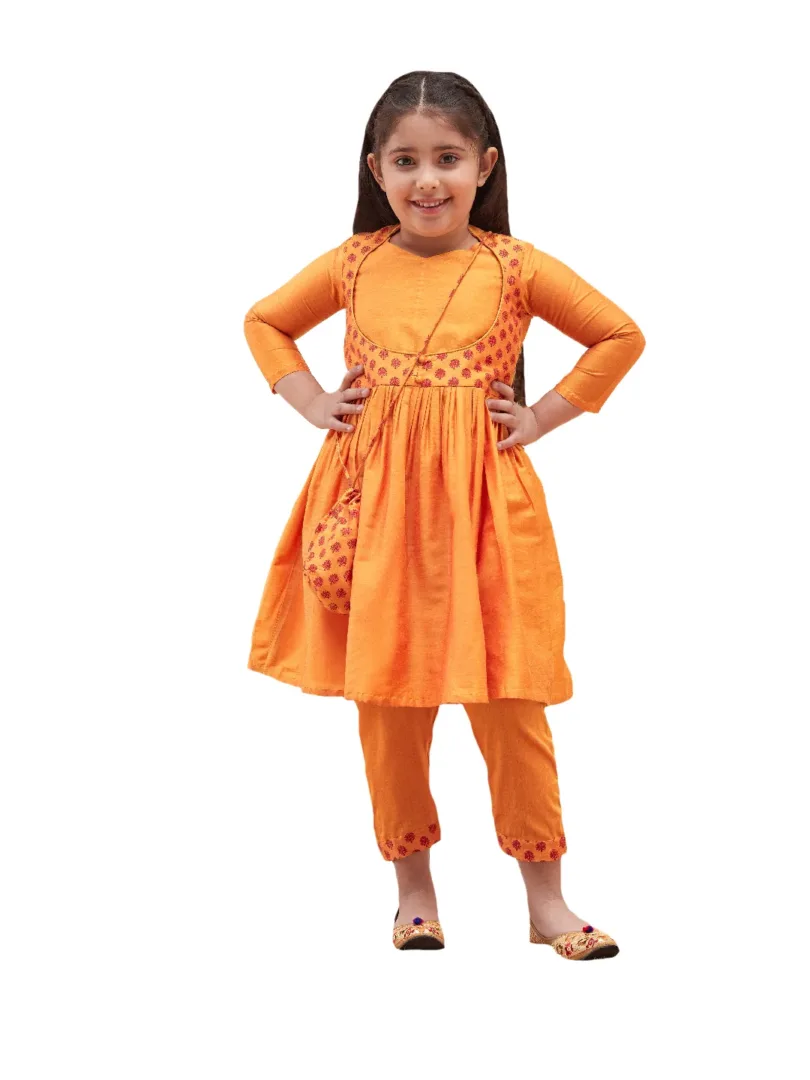 Girls Orange Kurta And Pant Set