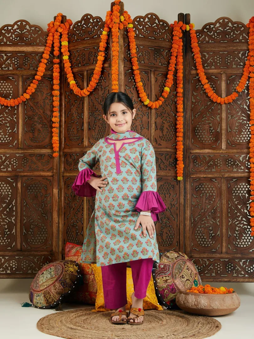 Girls Green And Pink Kurta, Pant And Dupatta