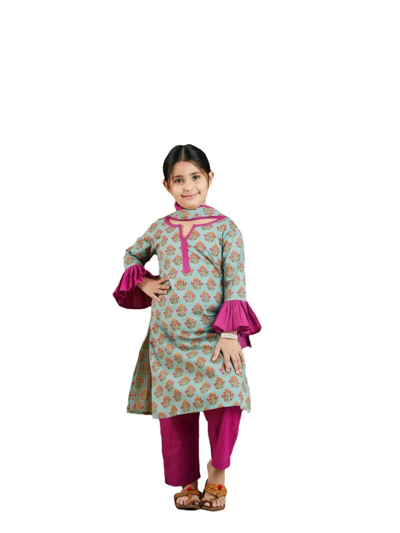 Girls Green And Pink Kurta, Pant And Dupatta