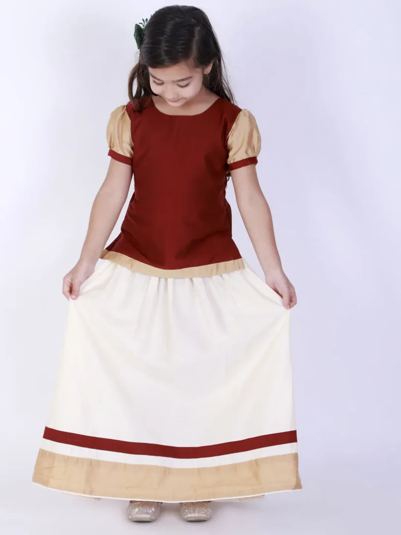 Girls Maroon And Cream Lehenga Set