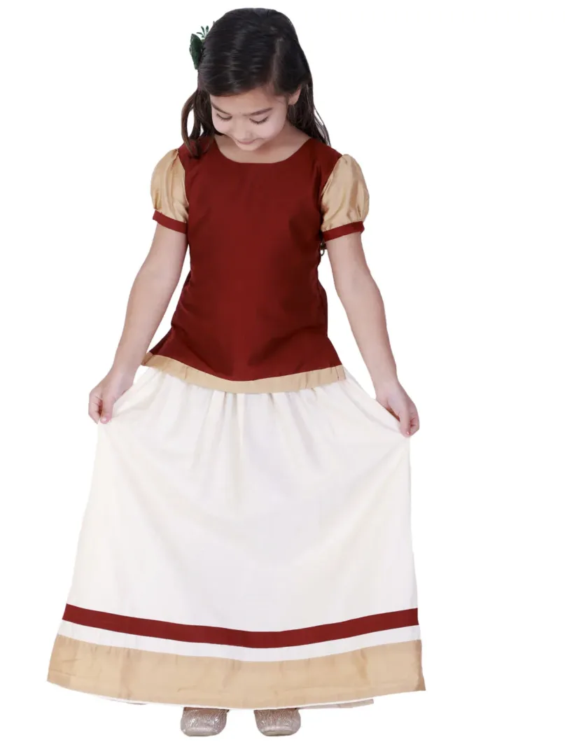 Girls Maroon And Cream Lehenga Set