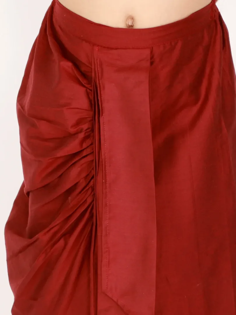 Boys' Maroon And Gold Jacket, Kurta and Dhoti Set & Girls' Maroon Lehenga Set