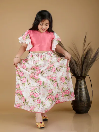 Girls Printed Silk Blend Ruffled Crop Top And Skirt Set