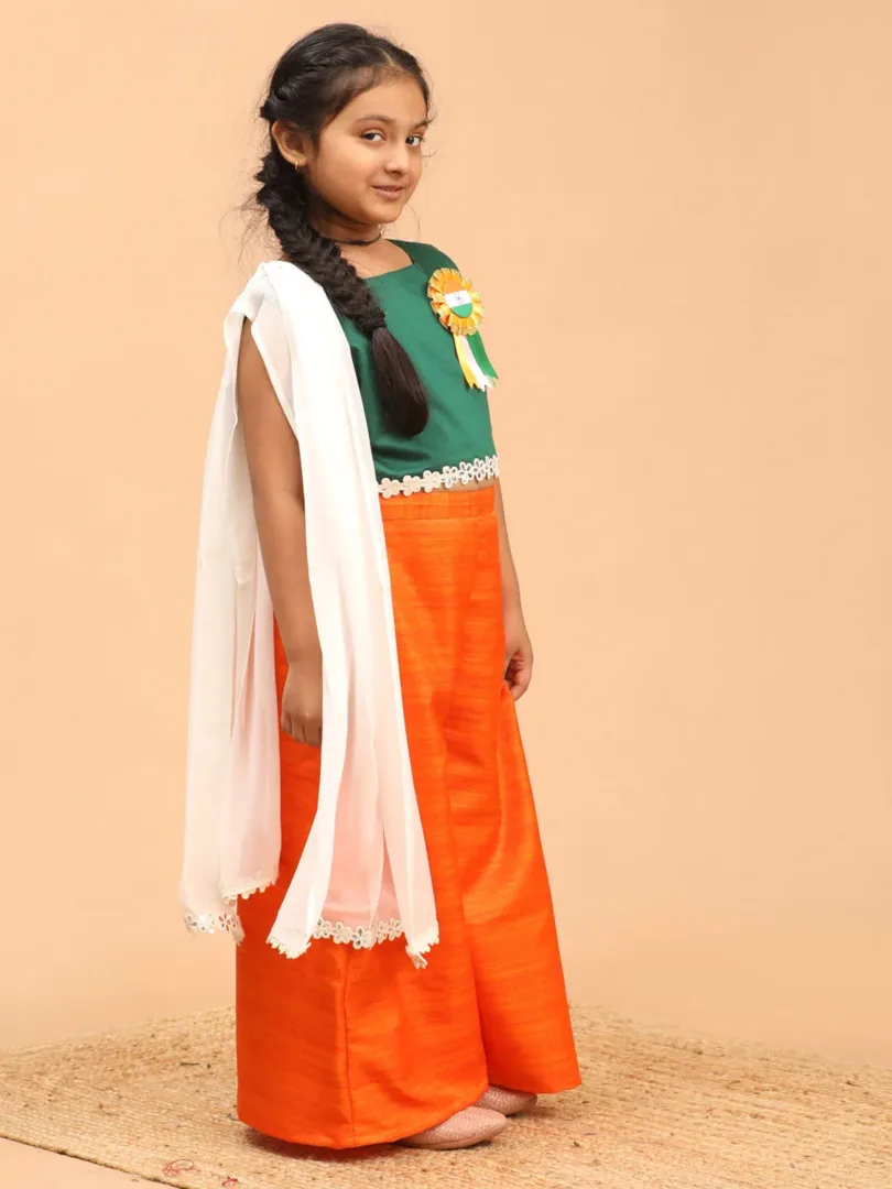 Boys' Tricolor Jacket, Kurta and Dhoti Set.Girls' Orange Green White Palazzo Set