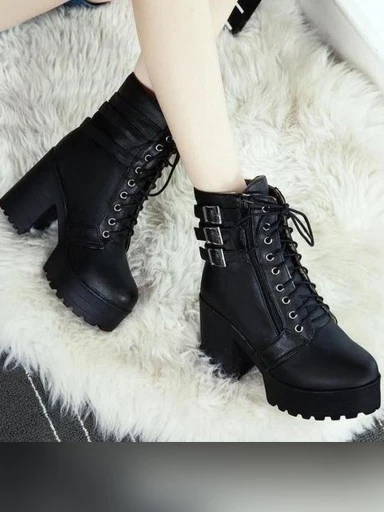 Womens & Girls Black Solid Heeled Boots