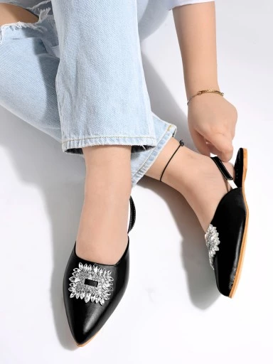 Embellished Front Studded Buckle Black Mules For Women & Girls