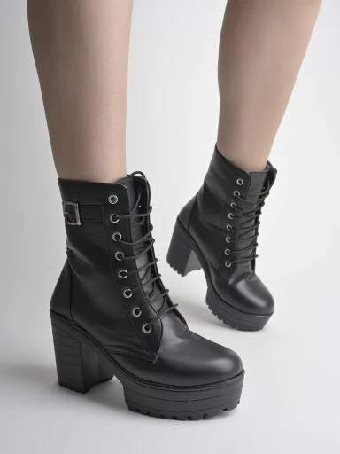 Strappy Buckle Ankle Black Boots for Women & Girls