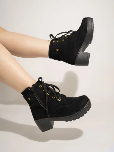 Womens & Girls Black Zipper High Top Heeled Boots