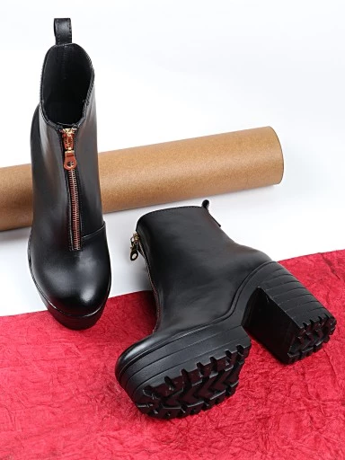 Womens & Girls Black Solid Zipper Heeled Boots