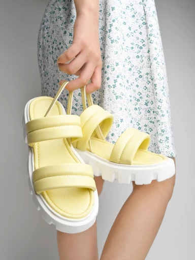 Casual Upper Double Strap Yellow Platform Heeled Sandals For Women & Girls