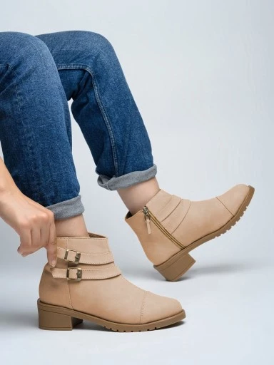 Women Beige Solid Heeled Boots