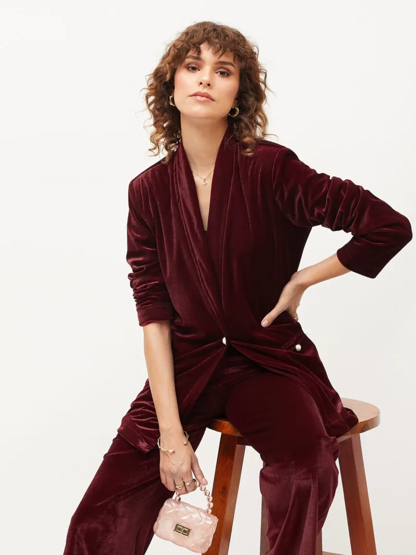 Women Maroon Velvet Shawl Collar Blazer