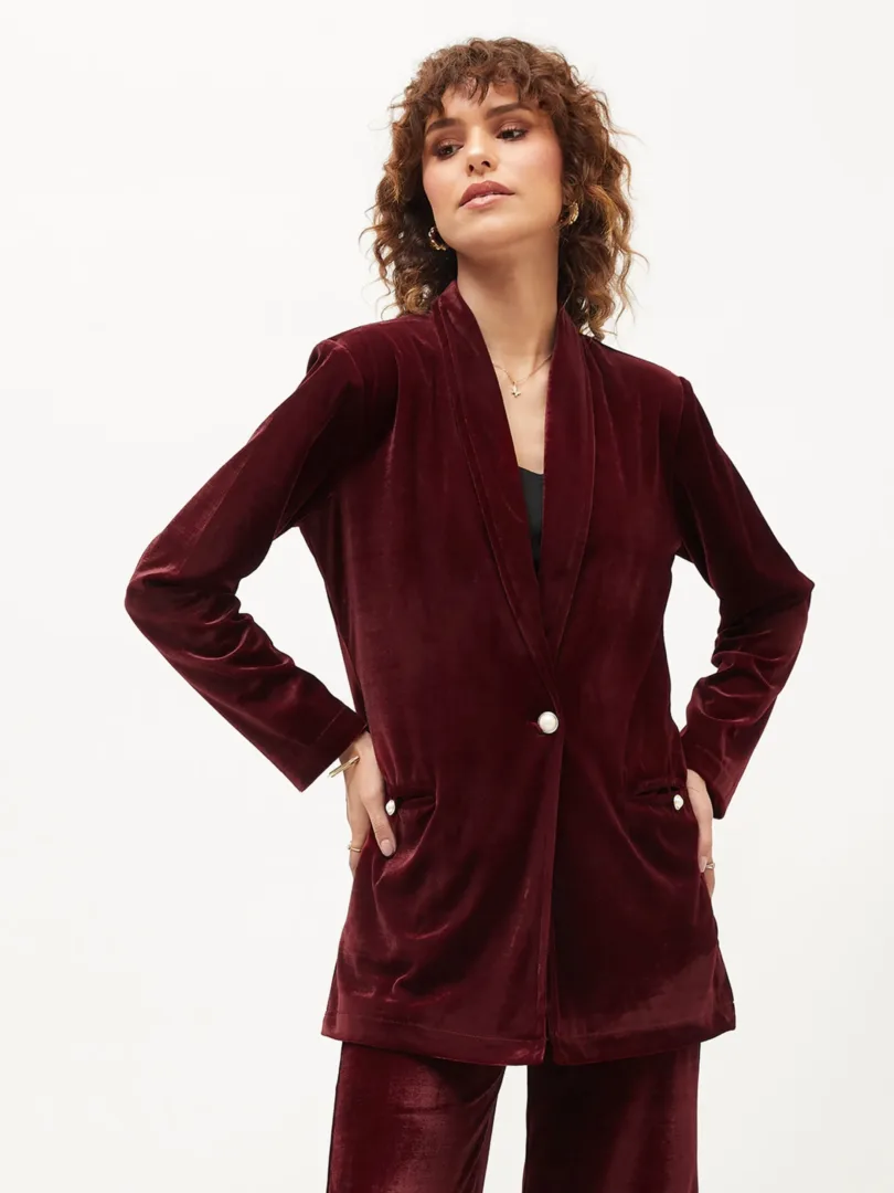 Women Maroon Velvet Shawl Collar Blazer