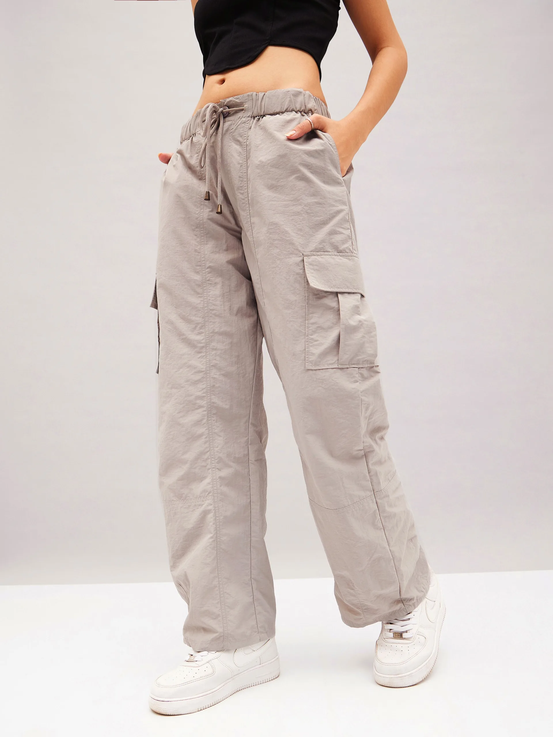 Buy Now Women Light Grey Flap Pocket Cargo Parachute Pants | Best ...