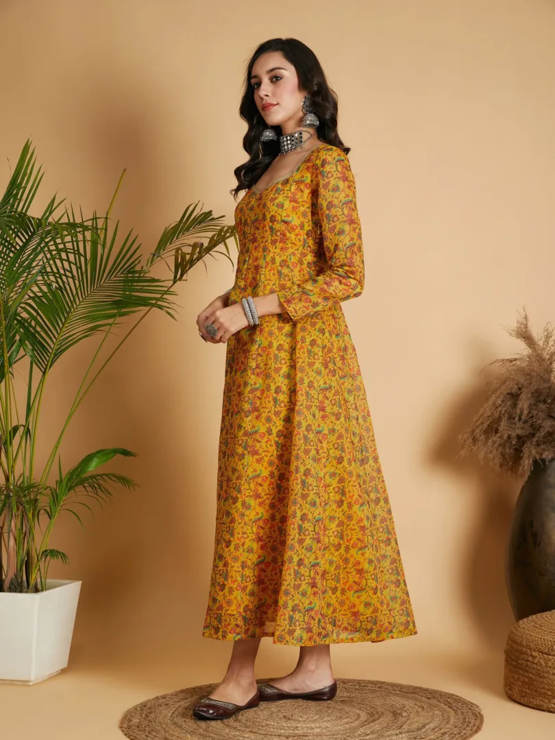 Women Mustard Floral Anarkali Maxi Dress