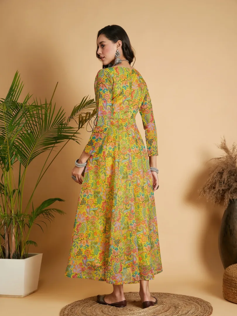 Women Lemon Yellow Floral Anarkali Maxi Dress