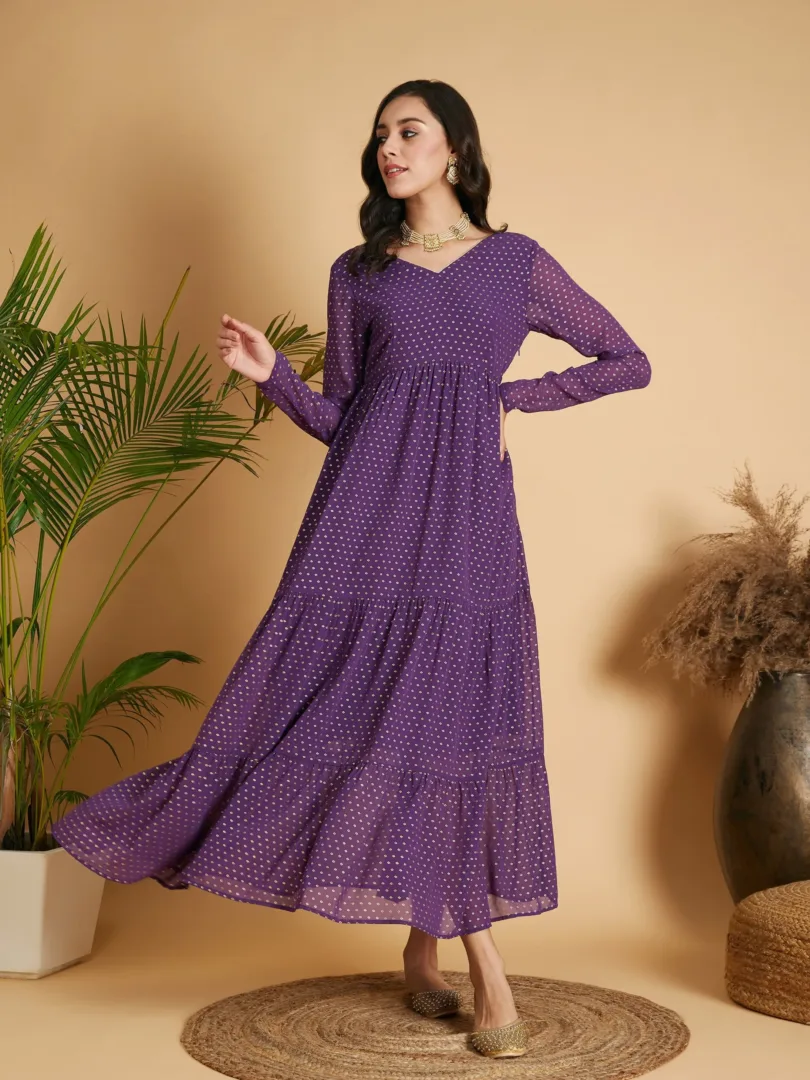 Women Purple Dot Foil Print Tiered Maxi Dress