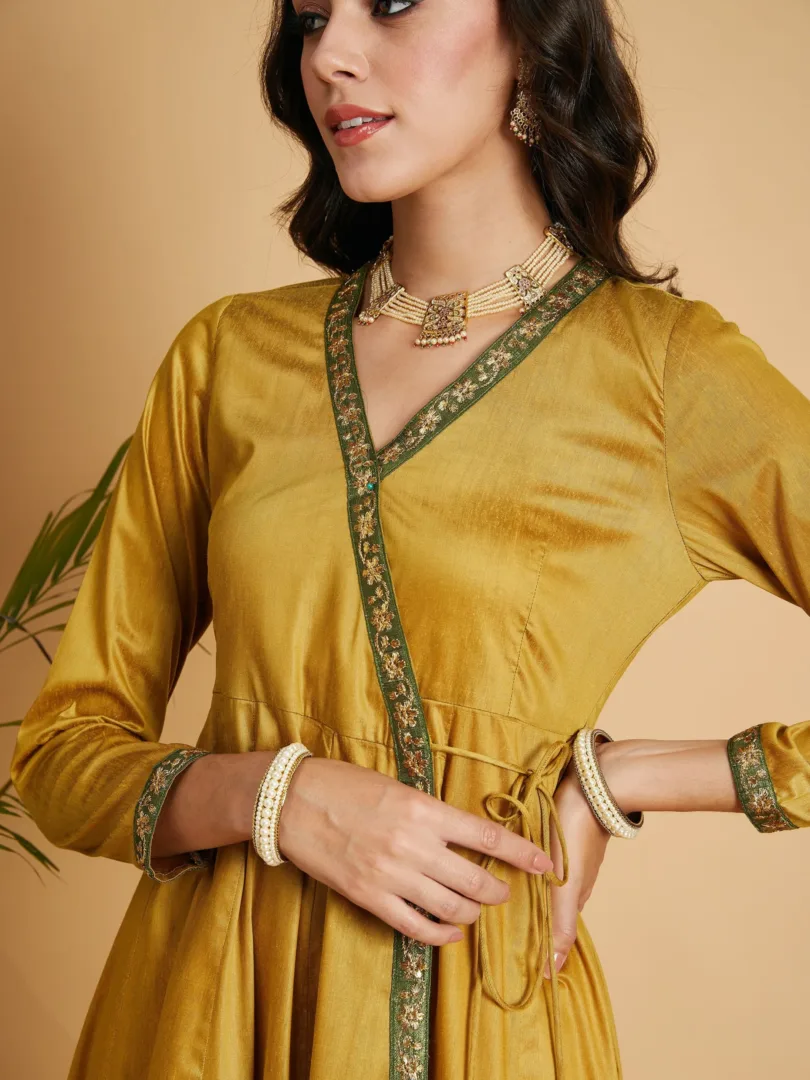 Women Mustard Angrakha Anarkali Dress With Slip
