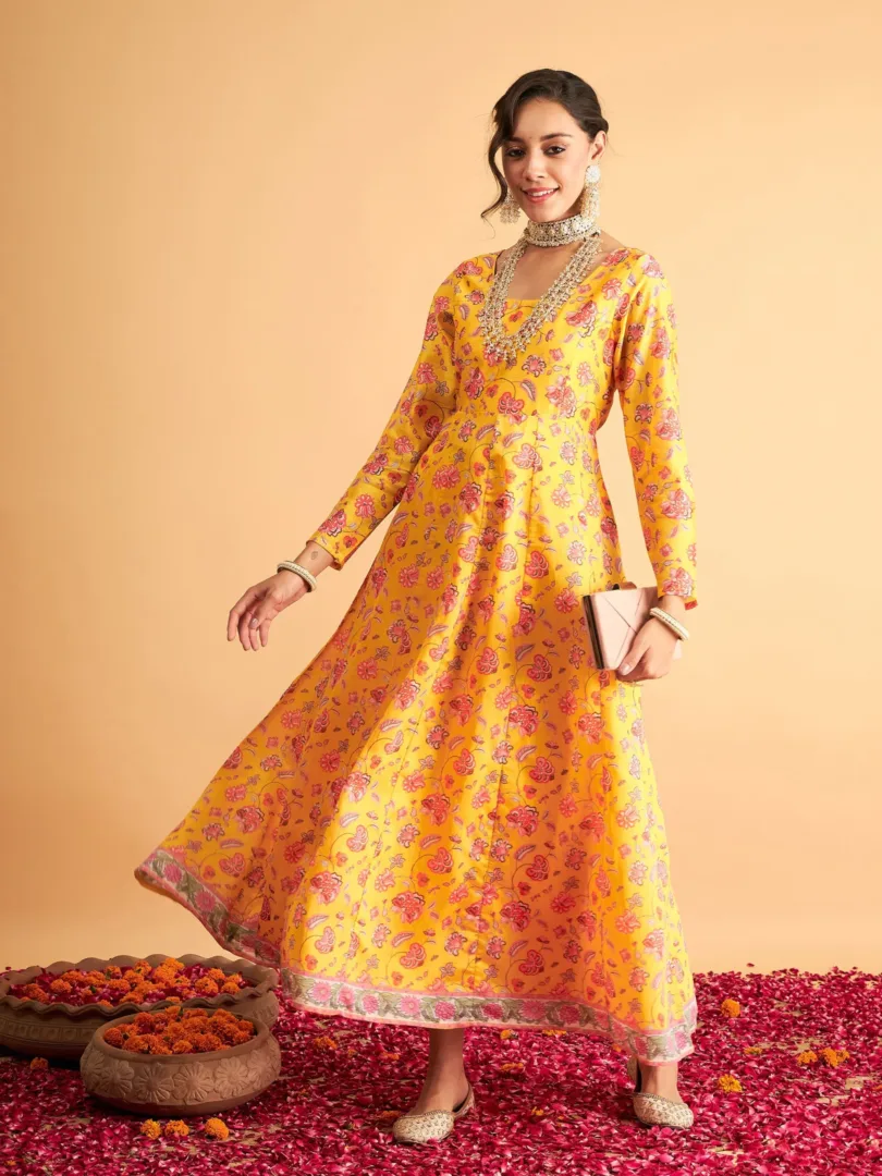 Women Yellow Floral Anarkali Maxi Dress