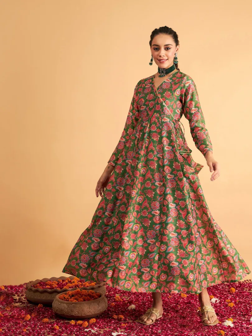 Women Green Floral Wrap Neck Anarkali Maxi Dress
