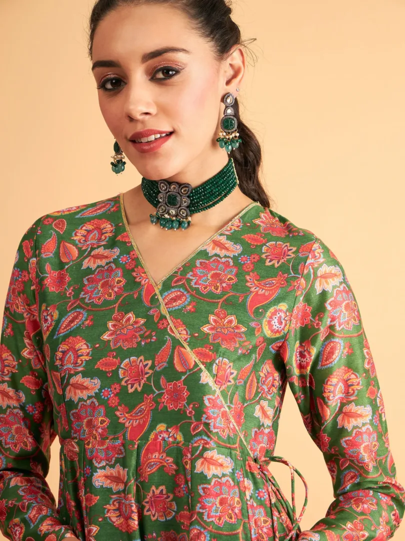 Women Green Floral Wrap Neck Anarkali Maxi Dress