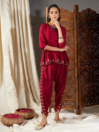 Women Maroon Zari Embroidered Peplum Top With Dhoti Pants