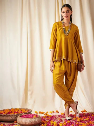 Women Mustard Zari Embroidered Peplum Top With Dhoti Pants
