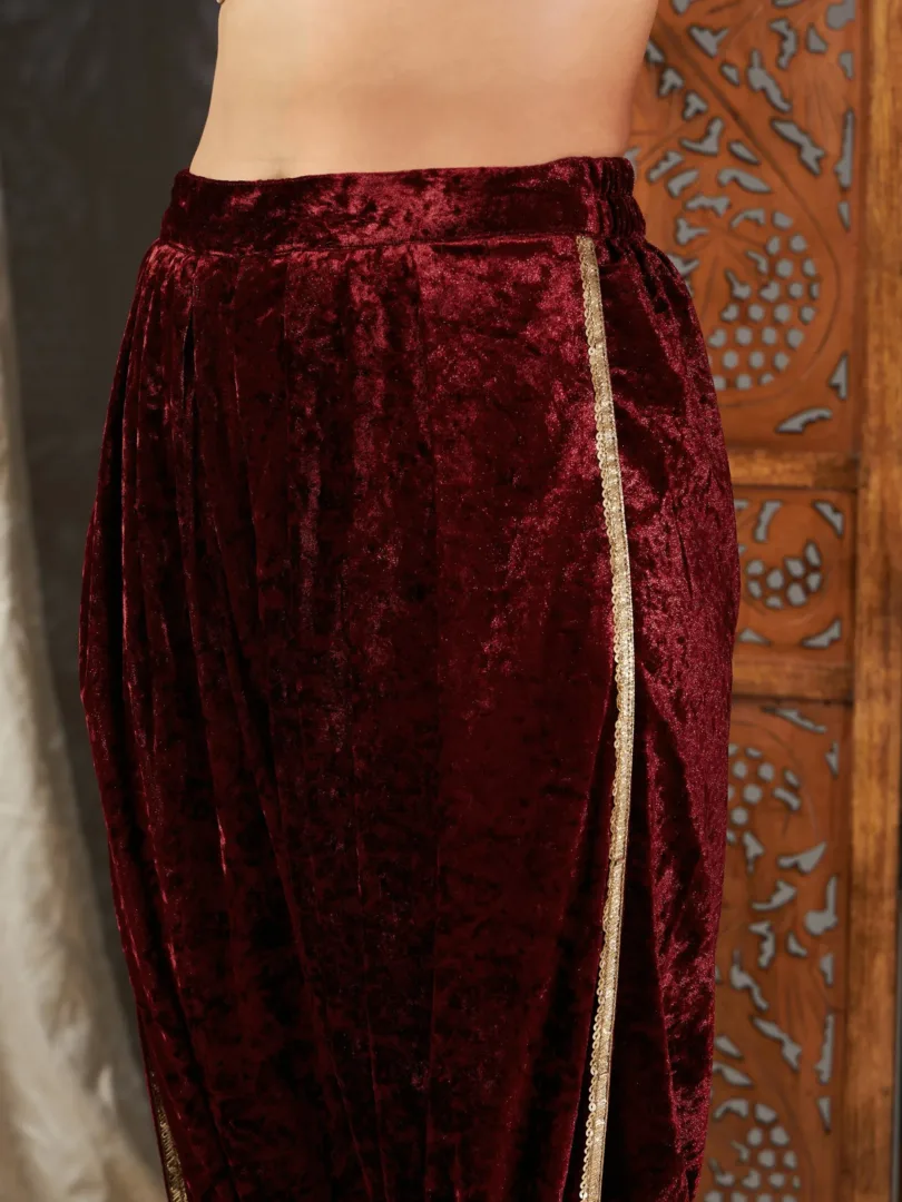 Women Maroon Velvet Embroidered Peplum Kurta With Dhoti Pants