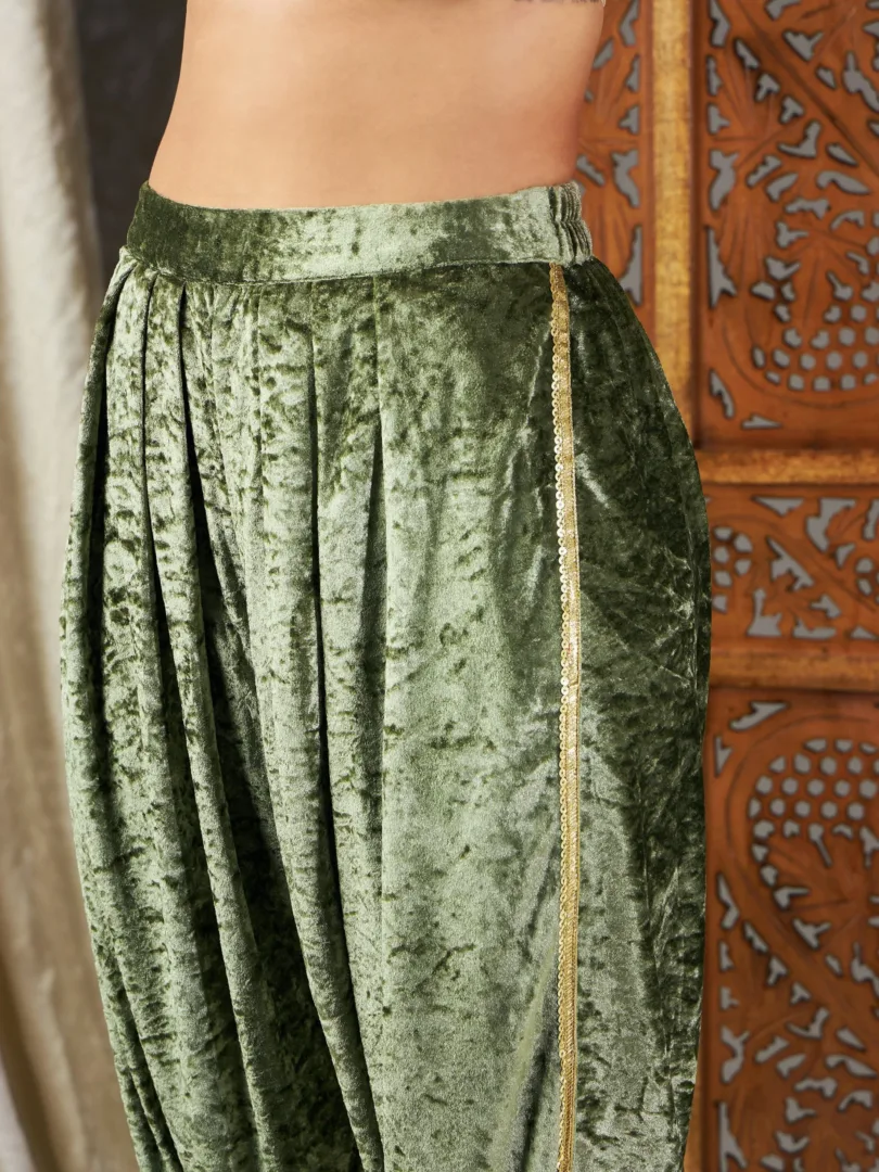 Women Olive Velvet Embroidered Peplum Kurta With Dhoti Pants