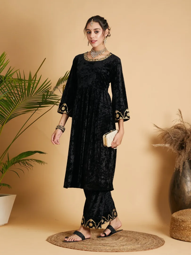 Women Black Velvet Embroidered Dress With Pants