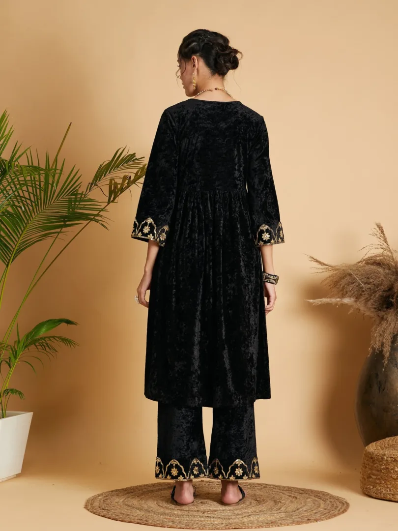 Women Black Velvet Embroidered Dress With Pants