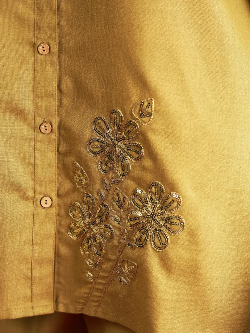 Women Yellow Embroidered Collar Shirt With Pants