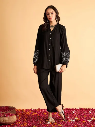 Women Black Sleeves Embroidered Shirt With Pants