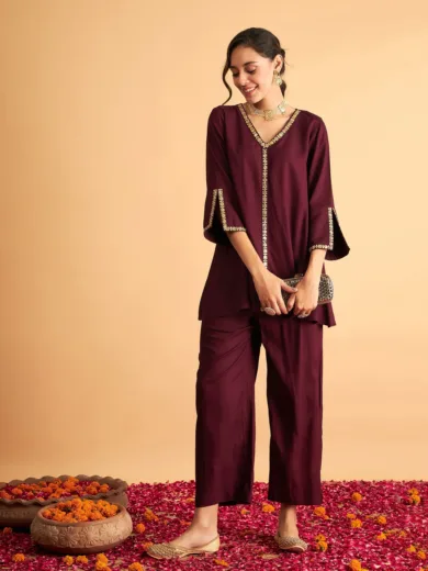 Women Burgundy Embroidered A Line Top With Pants