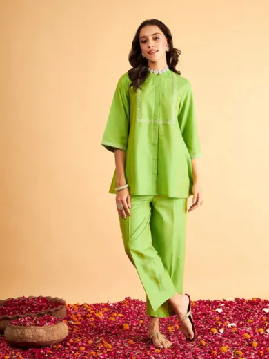 Women Green Embroidered Top With Straight Pants