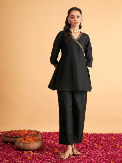Women Black Embroidered Wrap Top With Pants