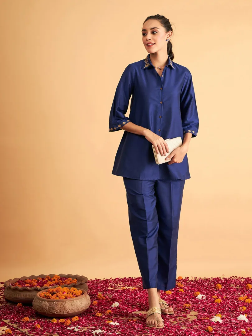 Women Royal Blue Embroidered Collar Shirt With Pants